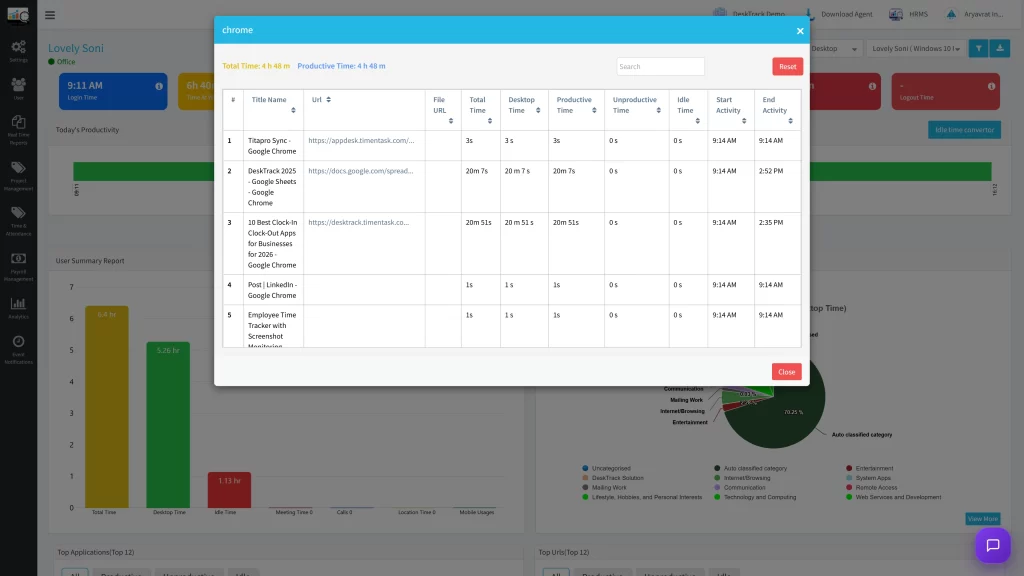 DeskTrack App & URL Tracking Screen