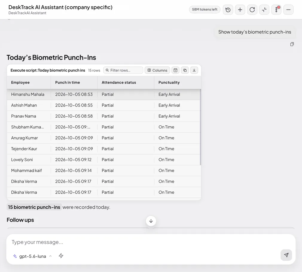 Employee monitoring with conversational AI agent Desky