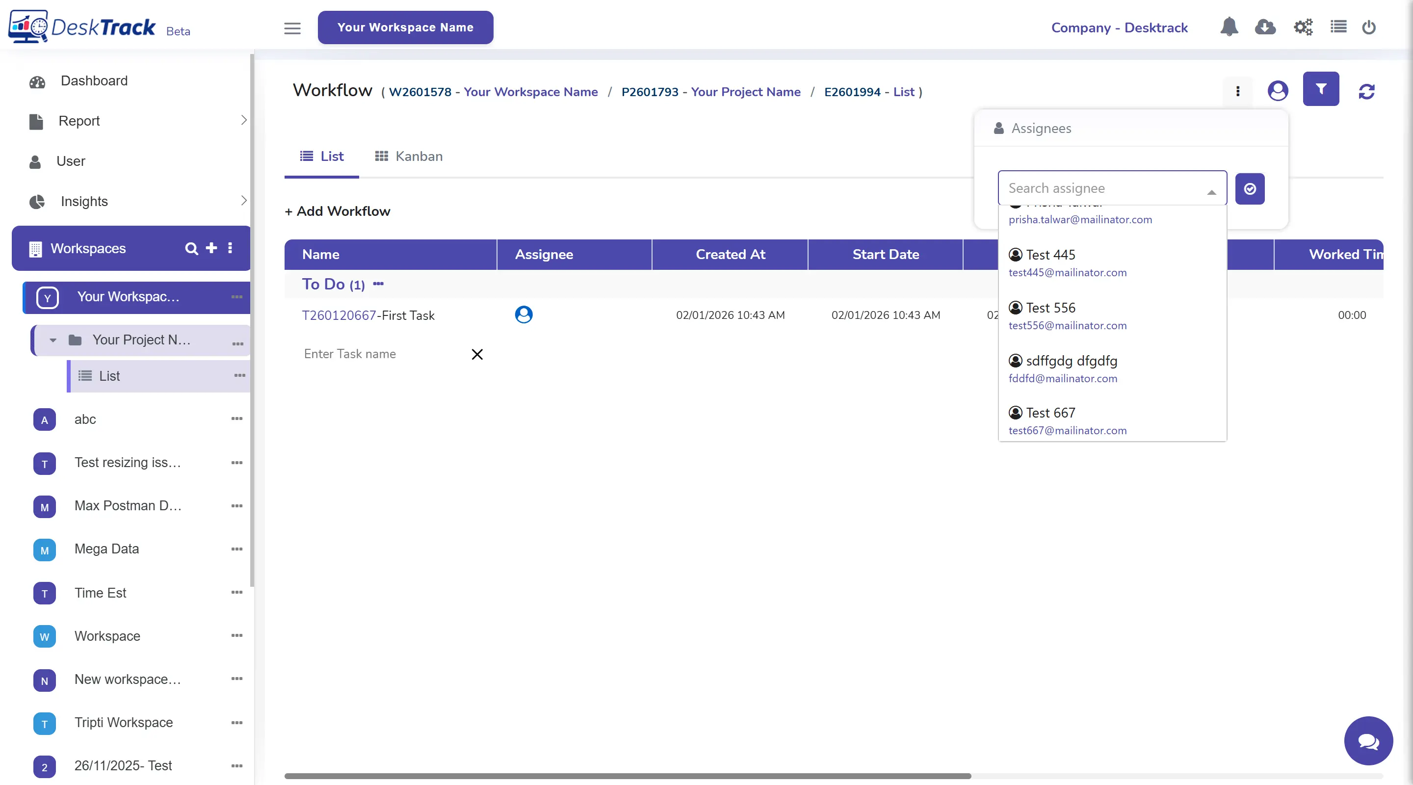 Adding tasks and assigning users in DeskTrack