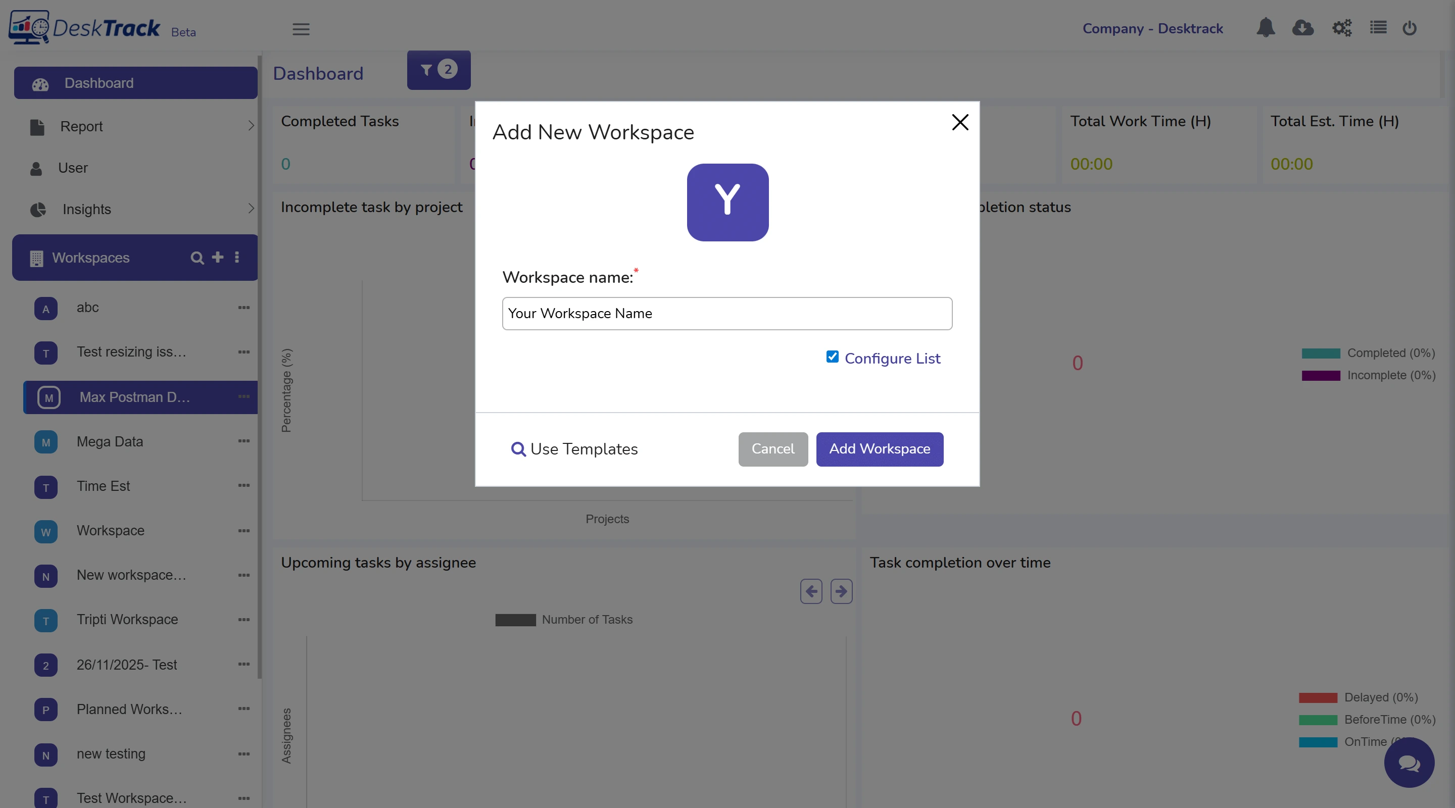 Creating a new workspace in DeskTrack