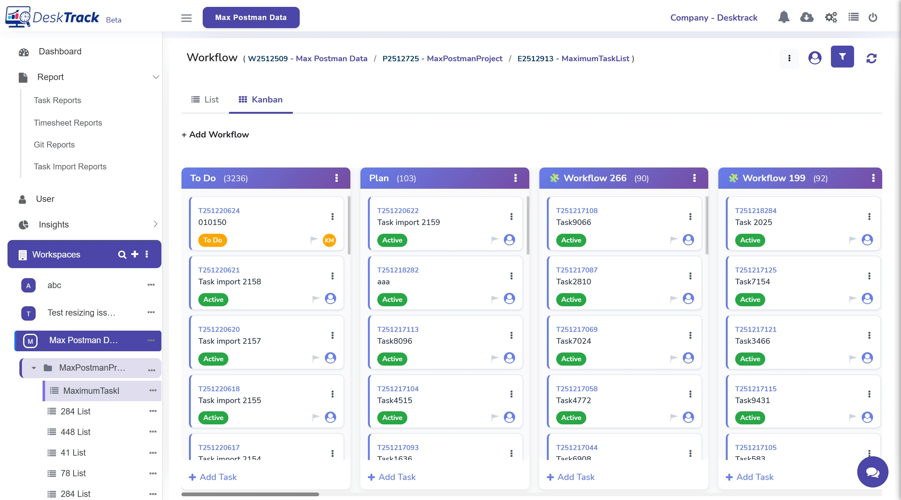 DeskTrack Kanban board view for project tracking