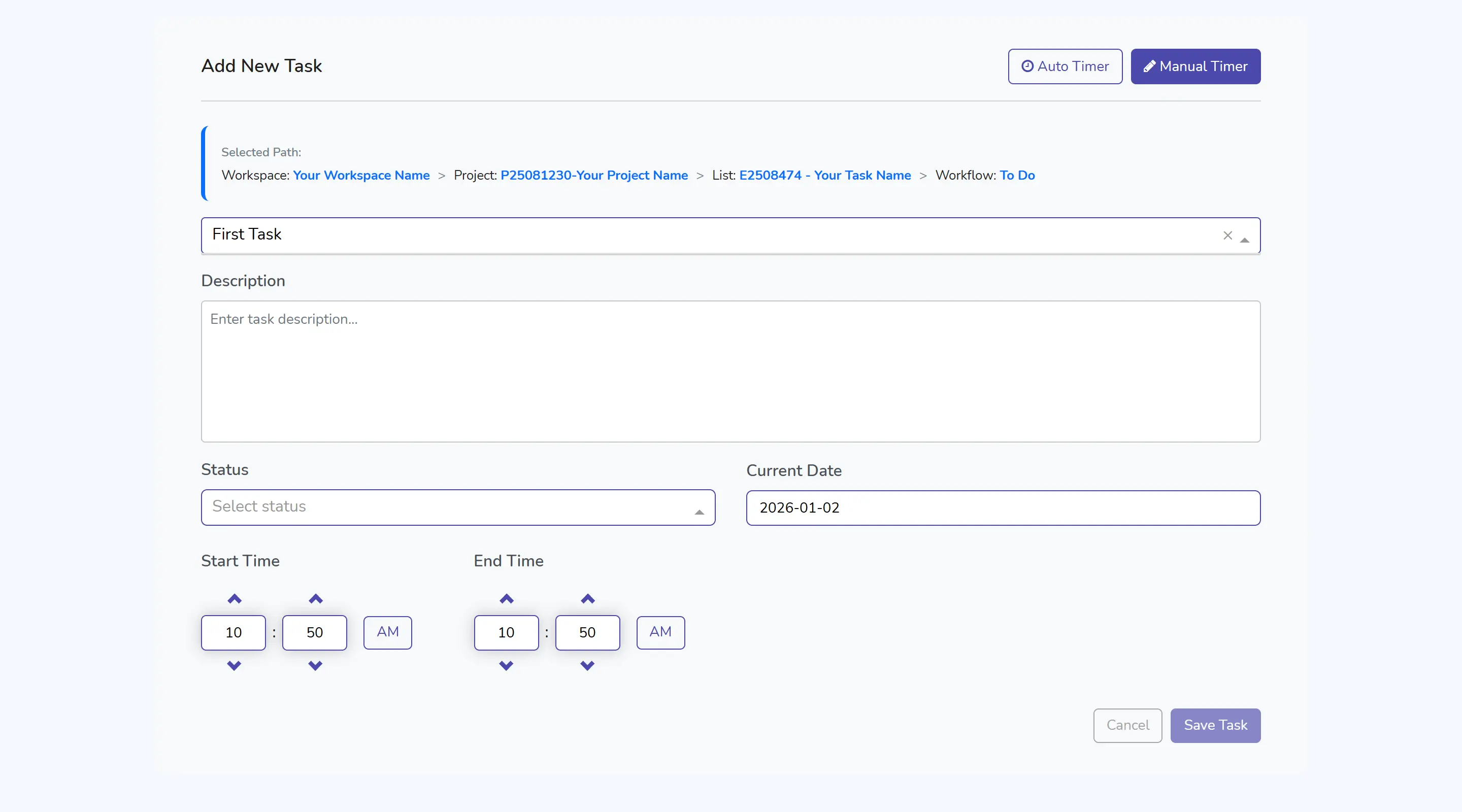 Time tracking widget for adding project time manually or automatically