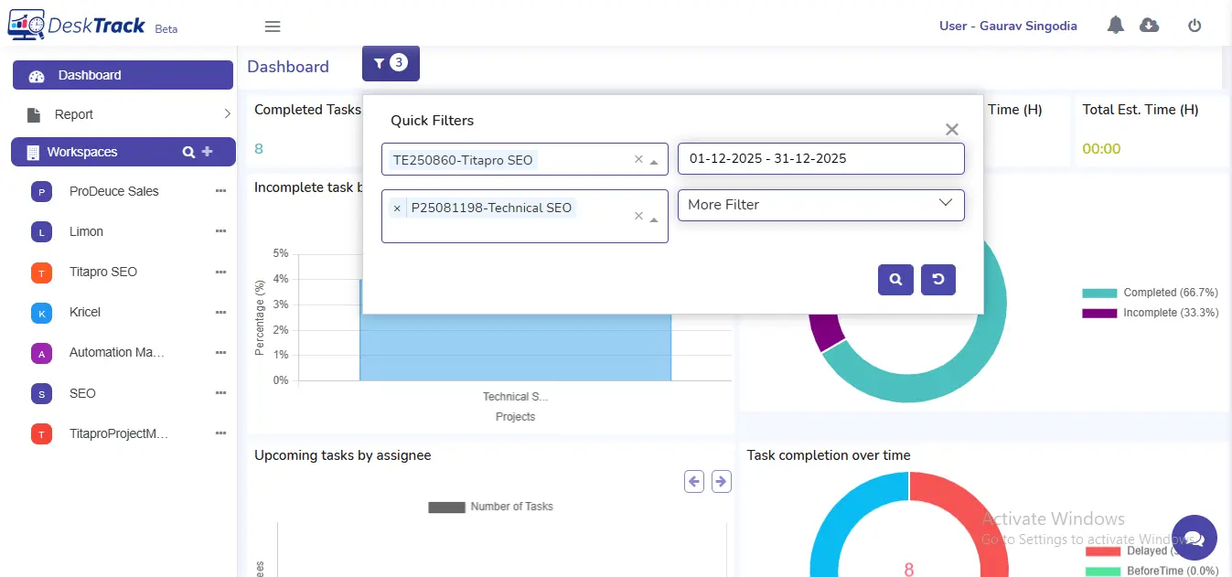 DeskTrack project time tracking filter options dashboard