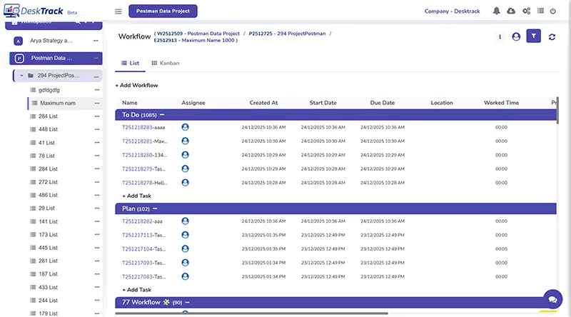 DeskTrack project and task management dashboard overview