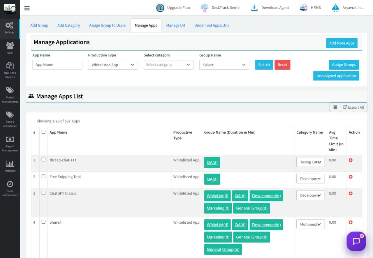Setting productive apps and websites per department in DeskTrack