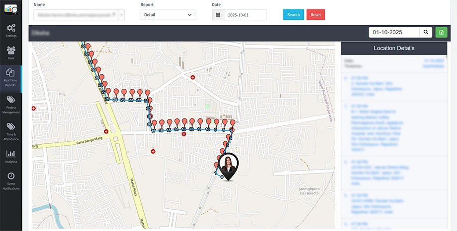 DeskTrack remote employee time tracking interface showing real-time GPS location history and route maps for field teams.