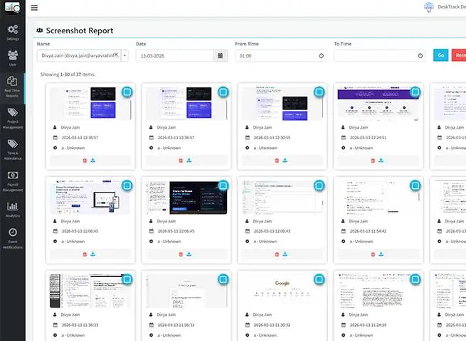 Screenshot timeline for one work day in DeskTrack