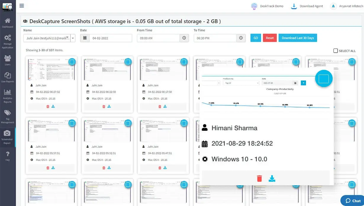 DeskTrack ethical tracking interface showing automated employee screenshot reports with customizable frequency and on-off settings