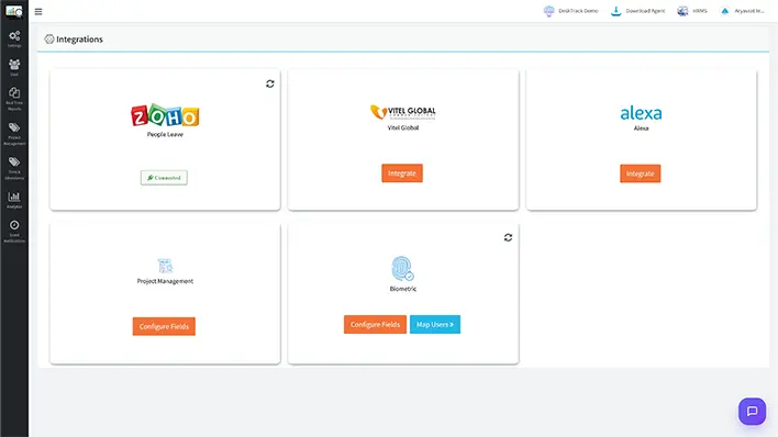DeskTrack seamless synchronization settings showing integrations with Jira, Zoho, and ZingHR for automated data syncing.